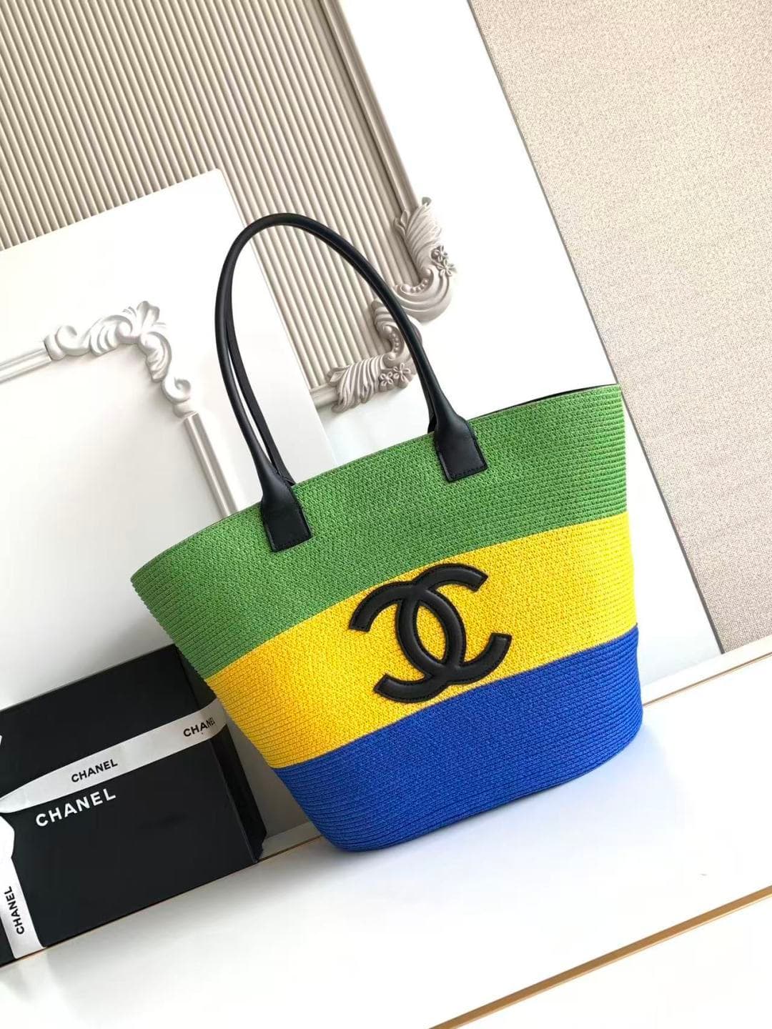 Chanel Coco Beach Shopping Bag Raffia & Calfskin Green Yellow & Blue A