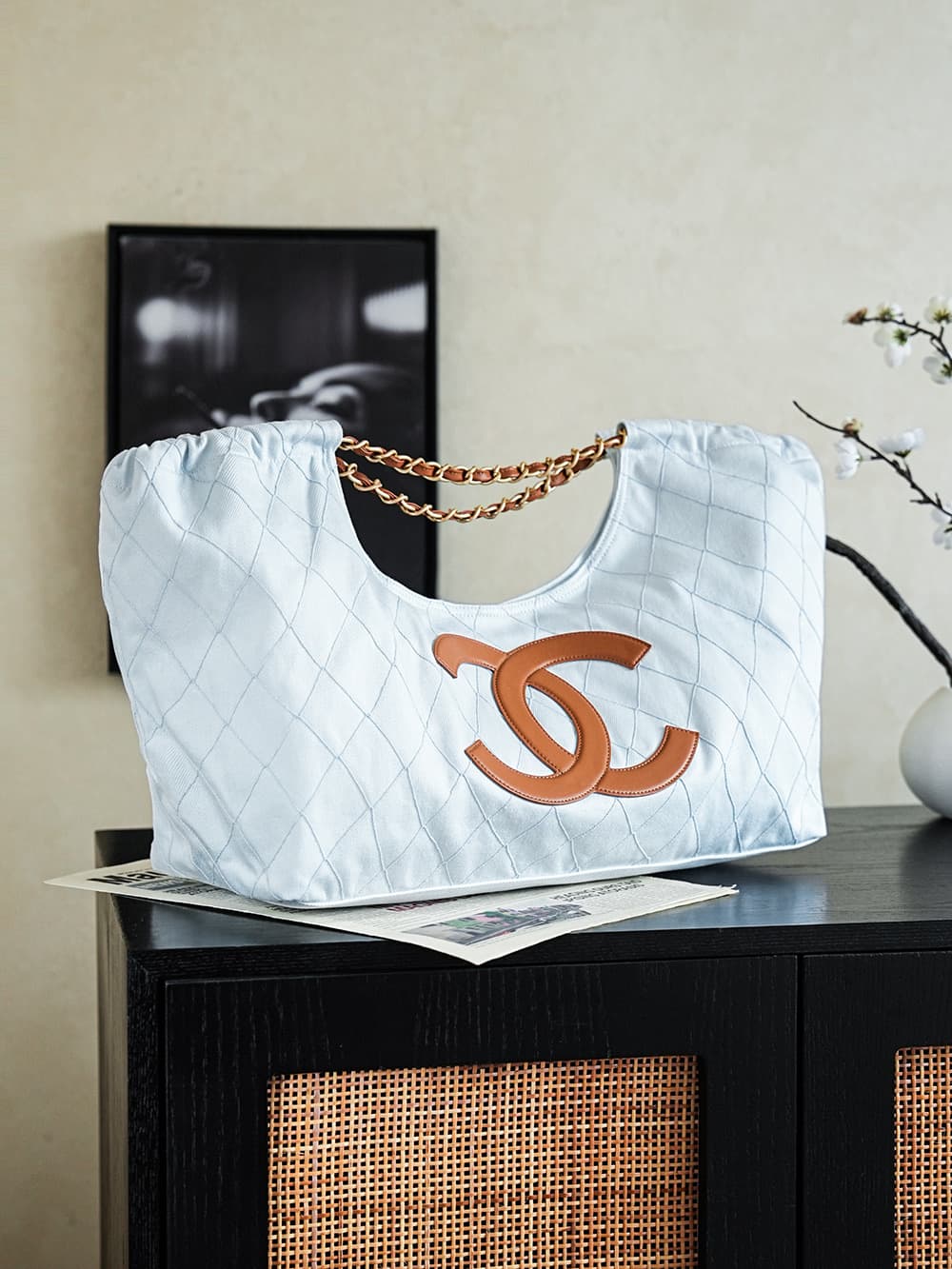 Chanel  Coco Beach Small Shopping Bag Denim Calfskin & Gold-Tone Metal White & Beige AS6191 A