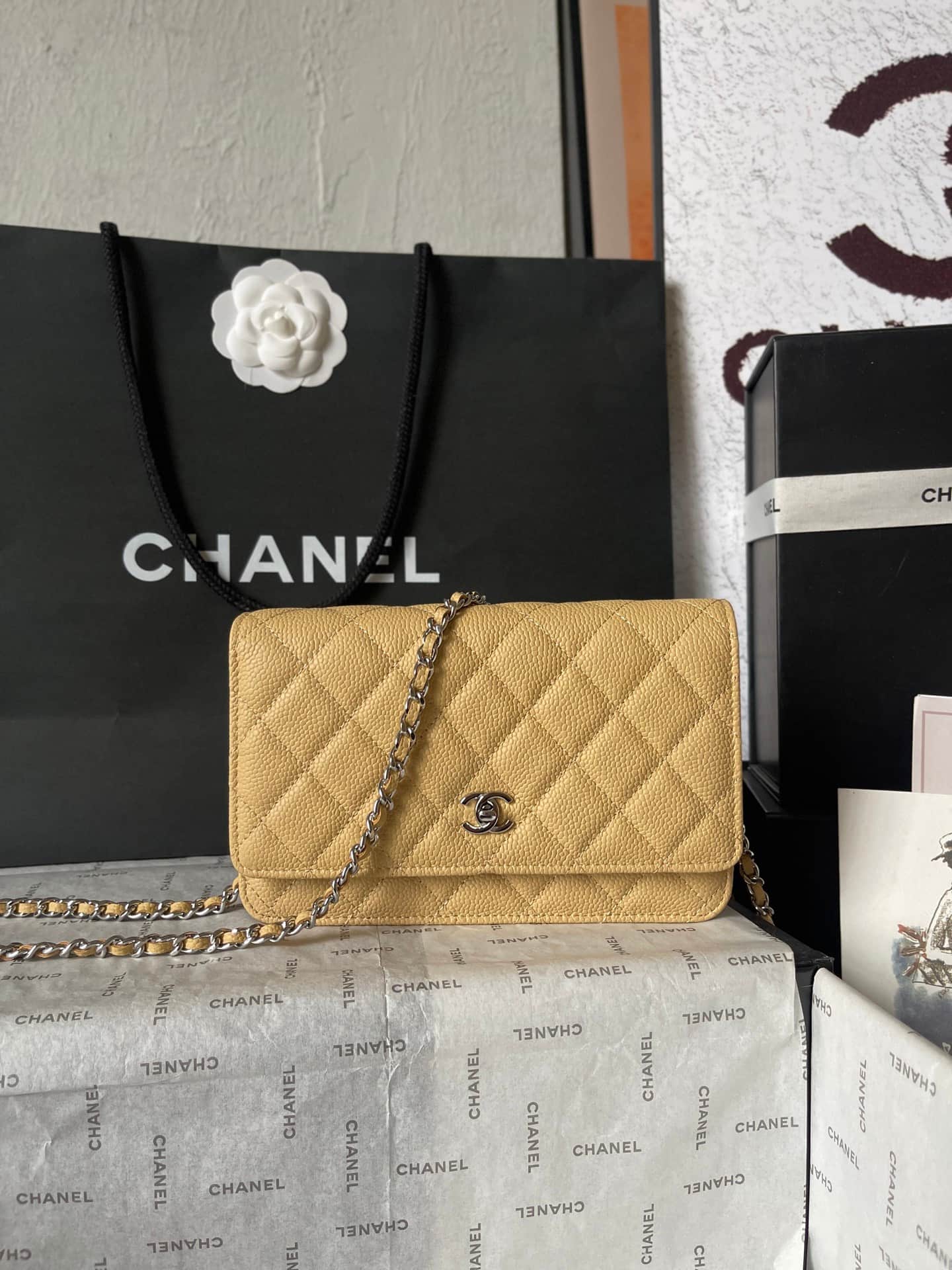 Chanel Classic Wallet on Chain Grained Shiny Calfskin & Silver-Tone Metal AP4241 Beige A