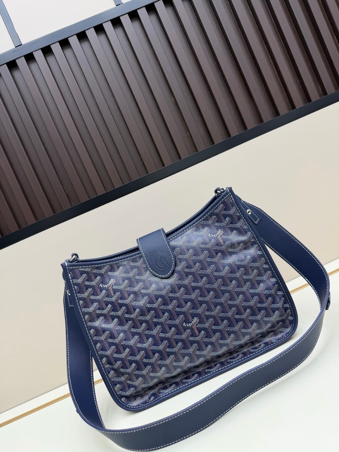 Goyard Musette PM bag in navy blue Goyardine canvas Mid