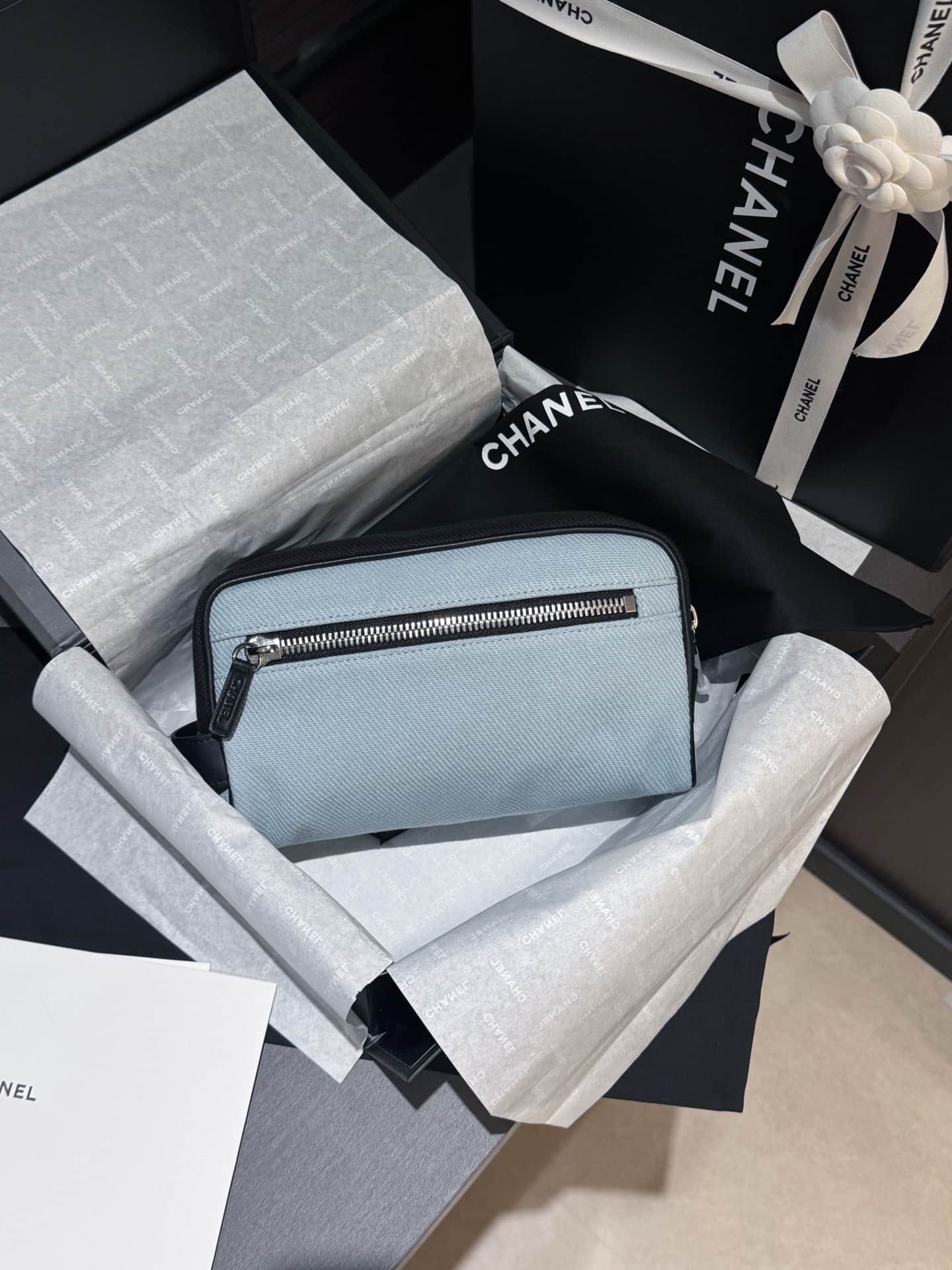 Chanel Small Zipped Pouch Canvas Calfskin Blue & Black AP5266 A