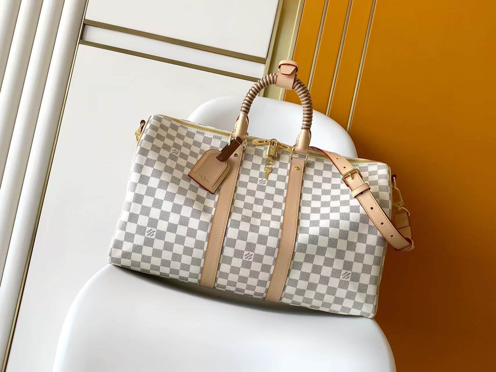Louis Vuitton Keepall Bandoulière 45 Banana Yellow/Hazelnut Brown Damier Azur coated canvas N40909 High