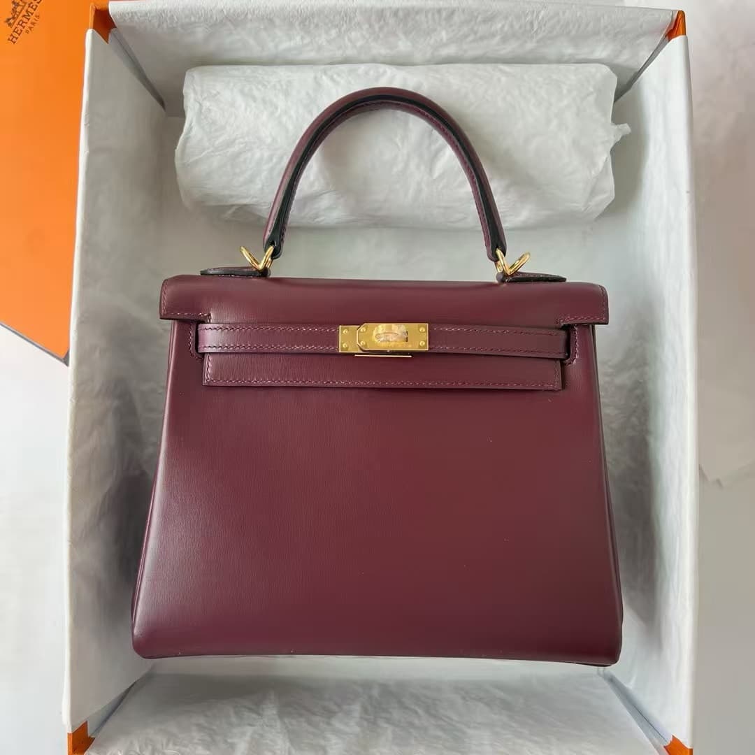 Hermes Kelly 25/28/32cm Retourne Bag Box Leather In Burgundy WAX High Customizing style