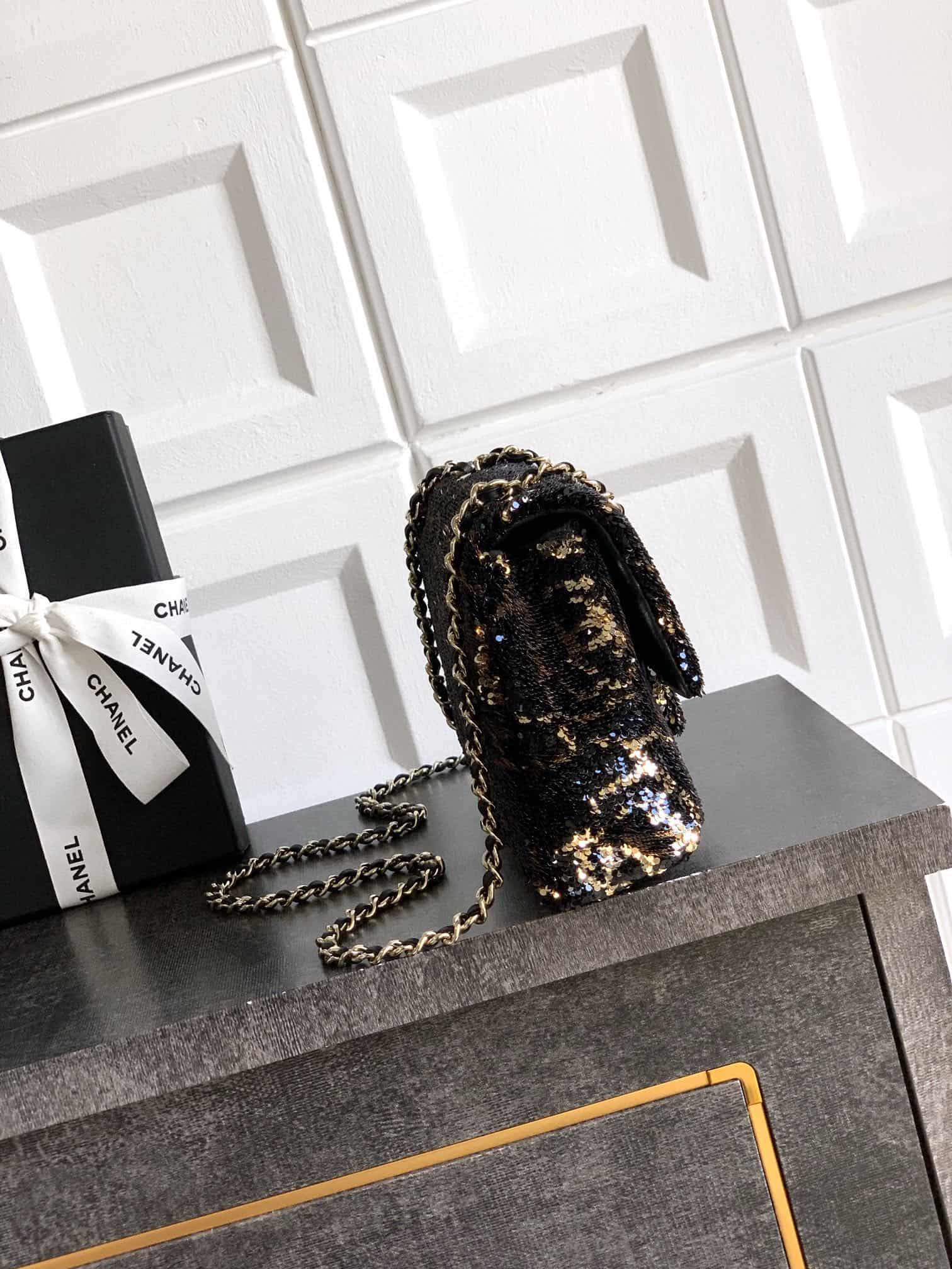 Chanel Classic Mini Flap Bag Sequins With Camellia Motif  & Gold-Tone Metal Black 6171 A