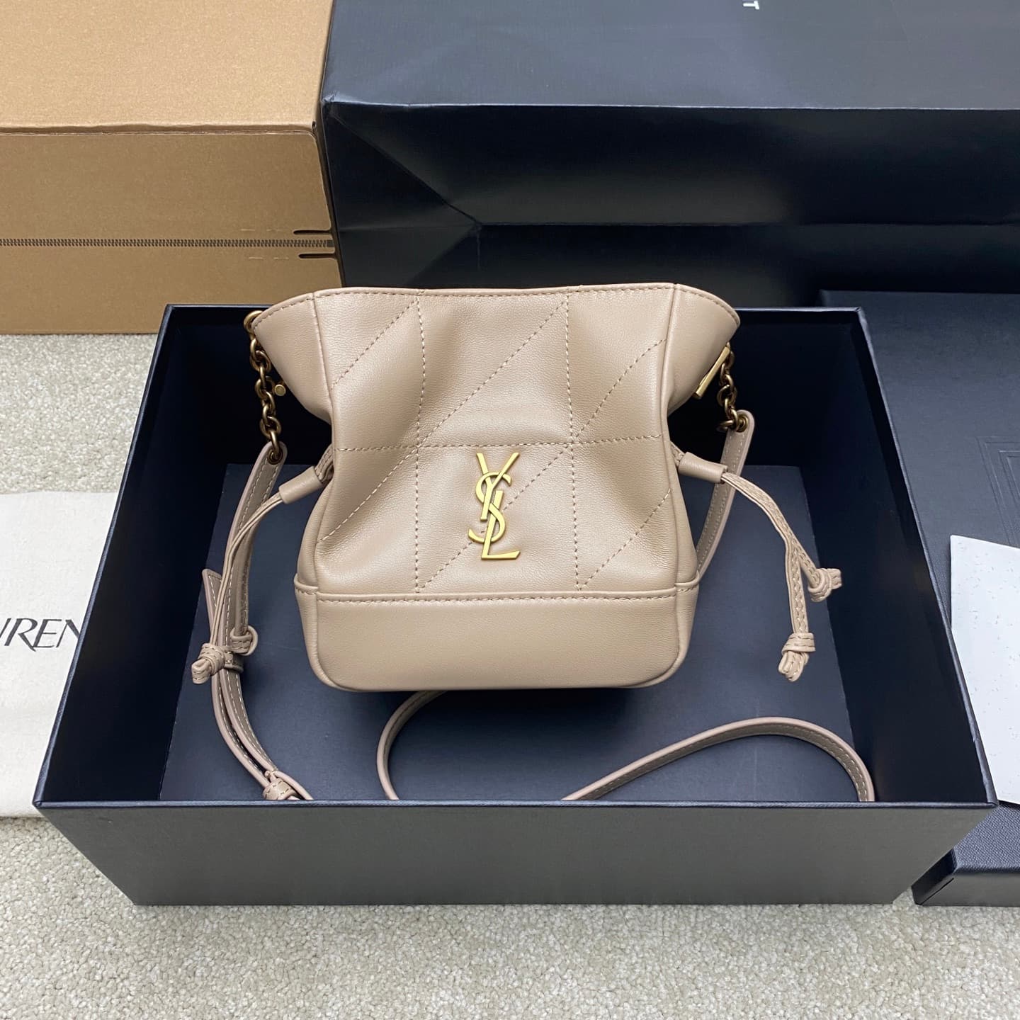 Saint Laurent Jamie Mini Leather Bucket Bag Beige Lambskin 859174 High