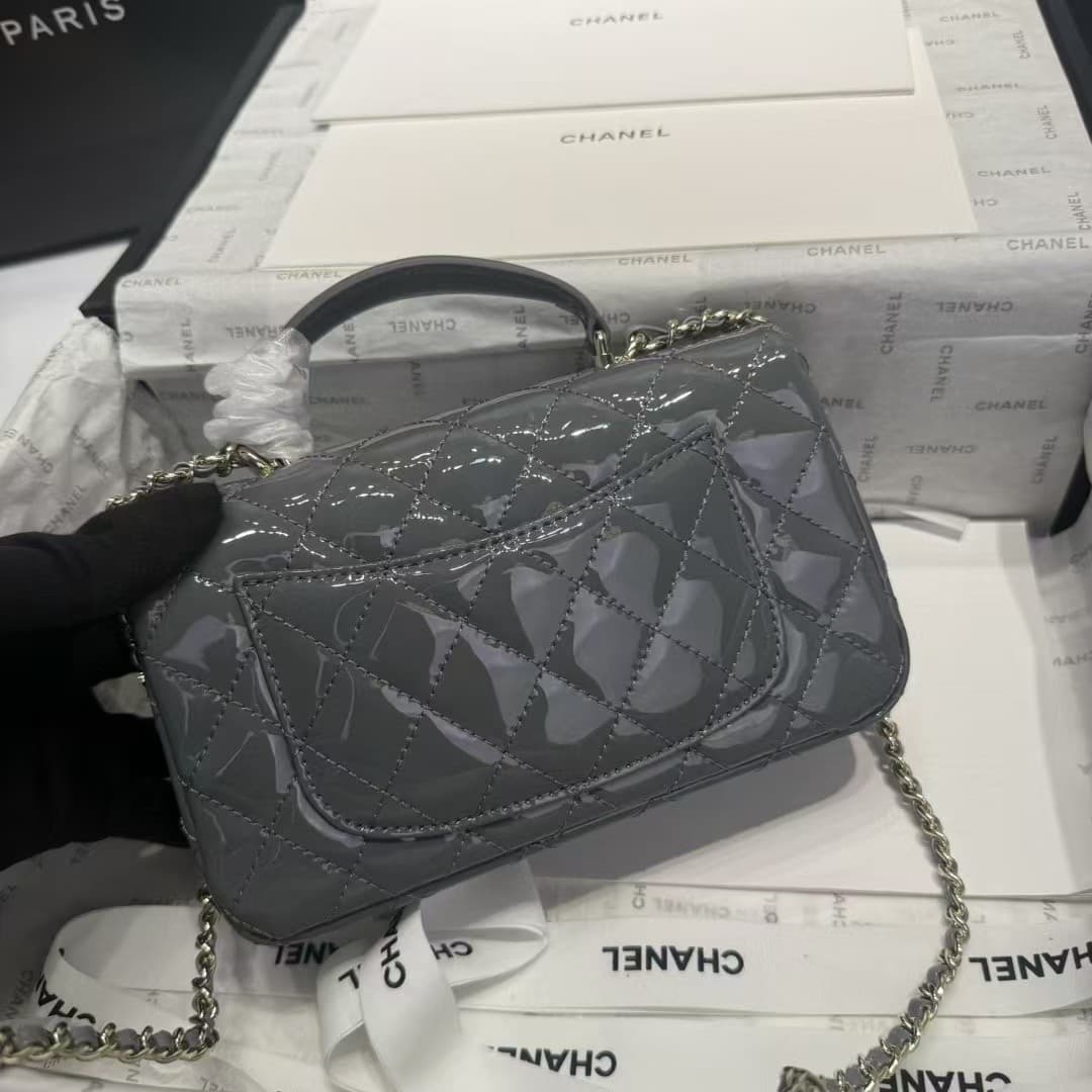 MINI FLAP BAG WITH TOP HANDLE AS2431 Patent Calfskin Gold-Tone Metal Grey A