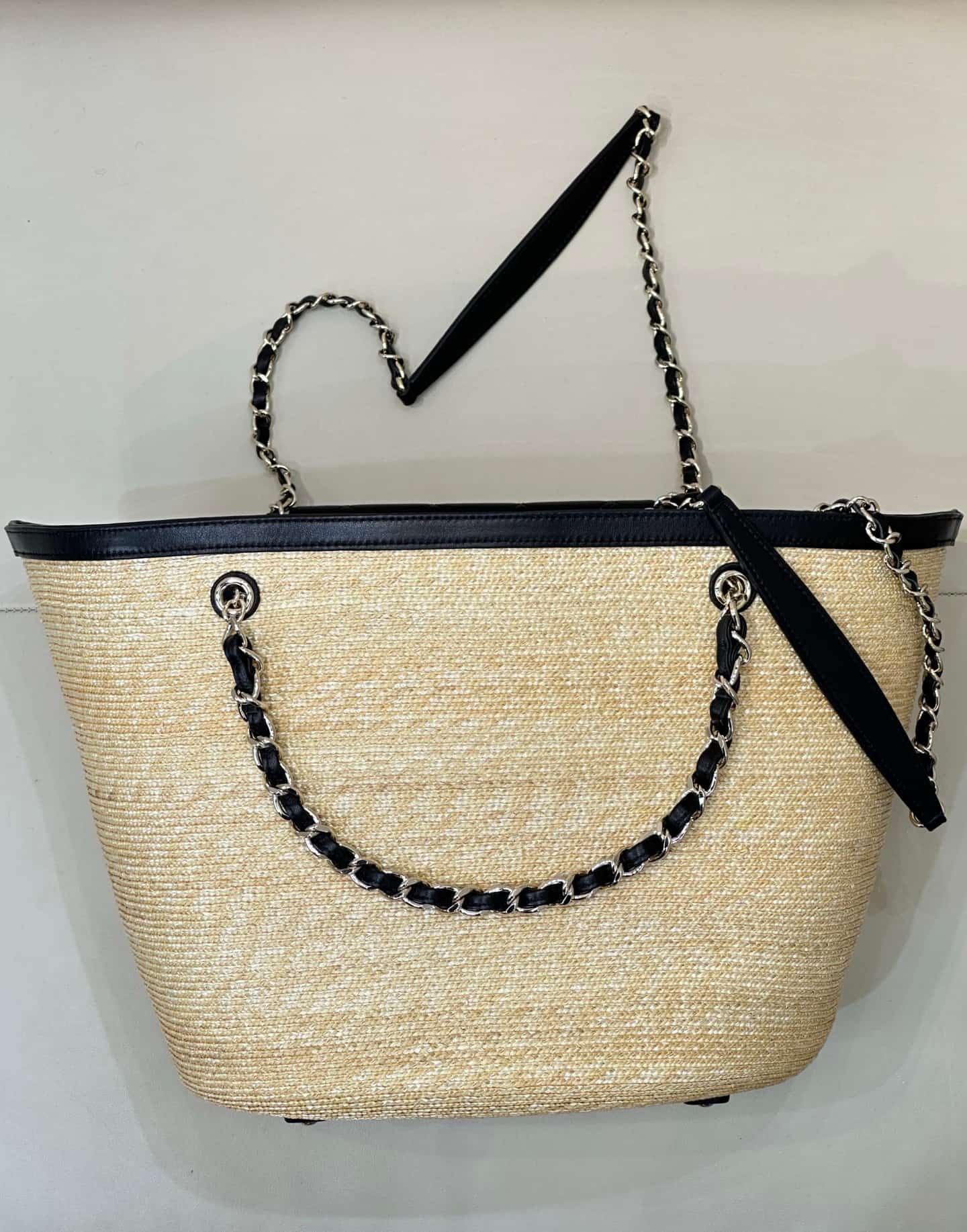 Chanel Coco Beach Shopping Bag Braided Straw Lambskin & Gold-Tone Metal Beige & Black AS5952 TOP
