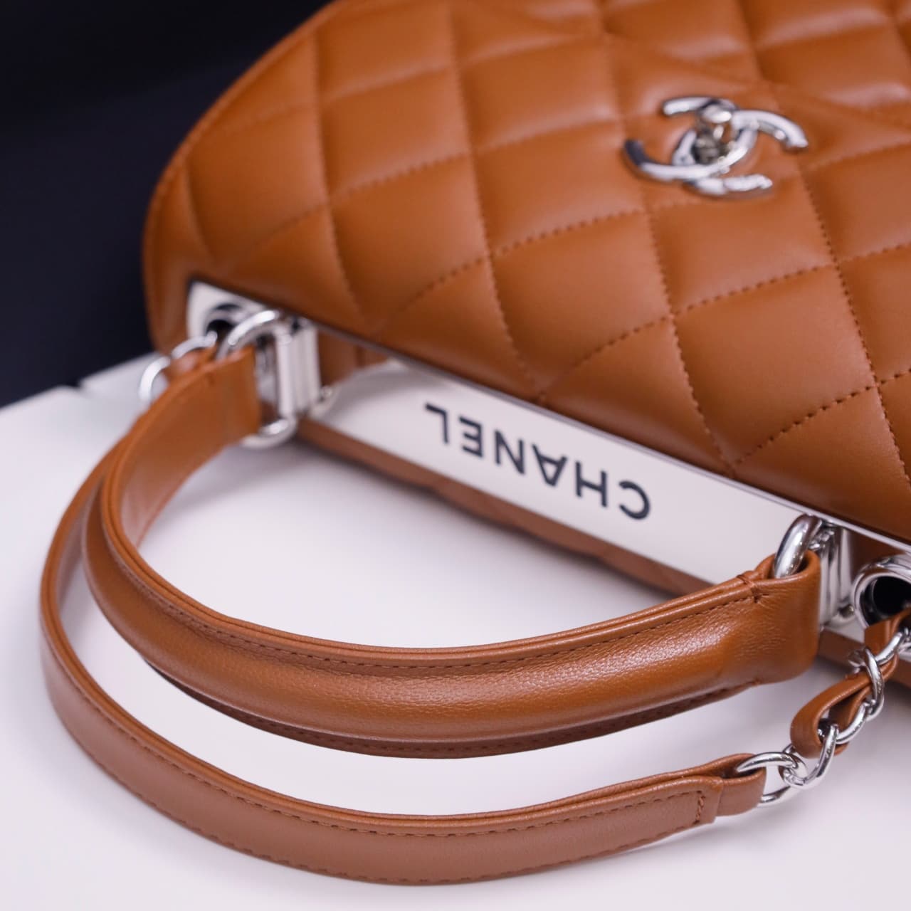 SMALL FLAP BAG WITH TOP HANDLE Lambskin Silver Metal Tan A