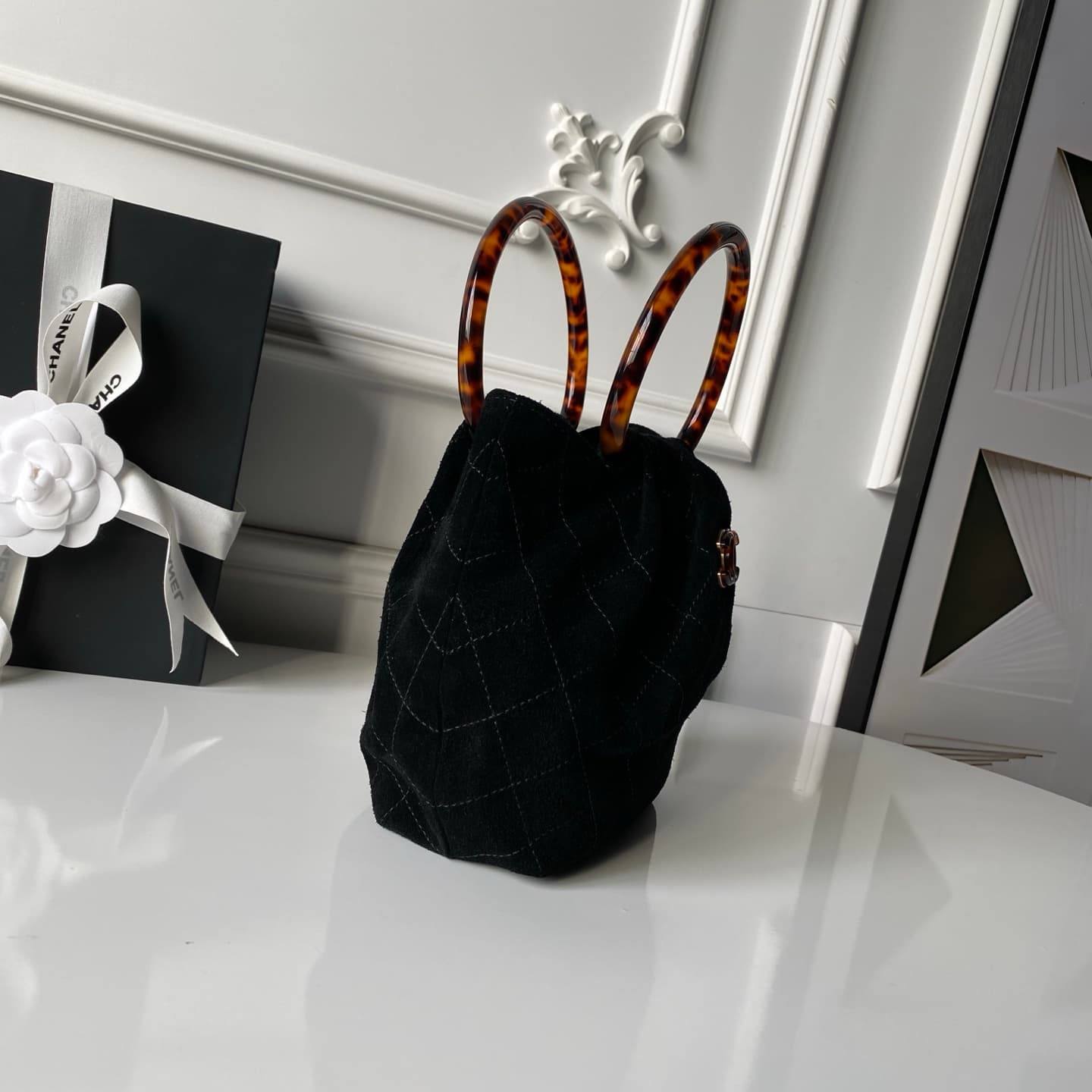 Chanel Small Hobo Bag Suede Calfskin Turtoise-Shell Effect Plexi & Gold-Tone Metal Black AS6022 High