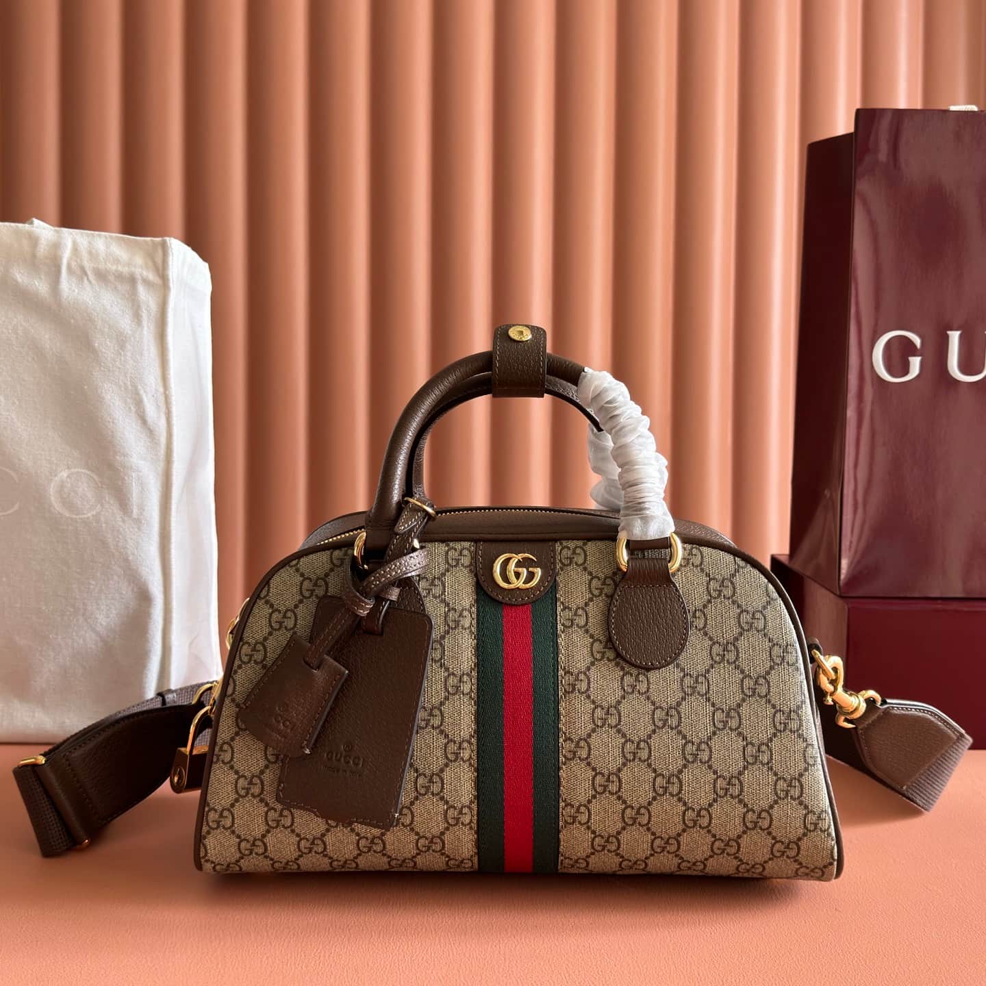 Gucci Ophidia Medium GG Top Handle Bag in beige and brown monogram canvas 724575 High