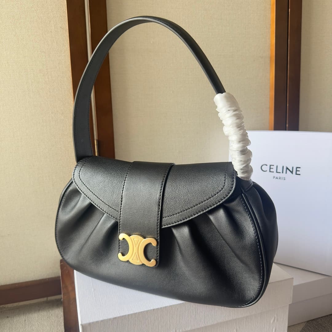 Celine Polly Medium Leather Shoulder Bag Black High