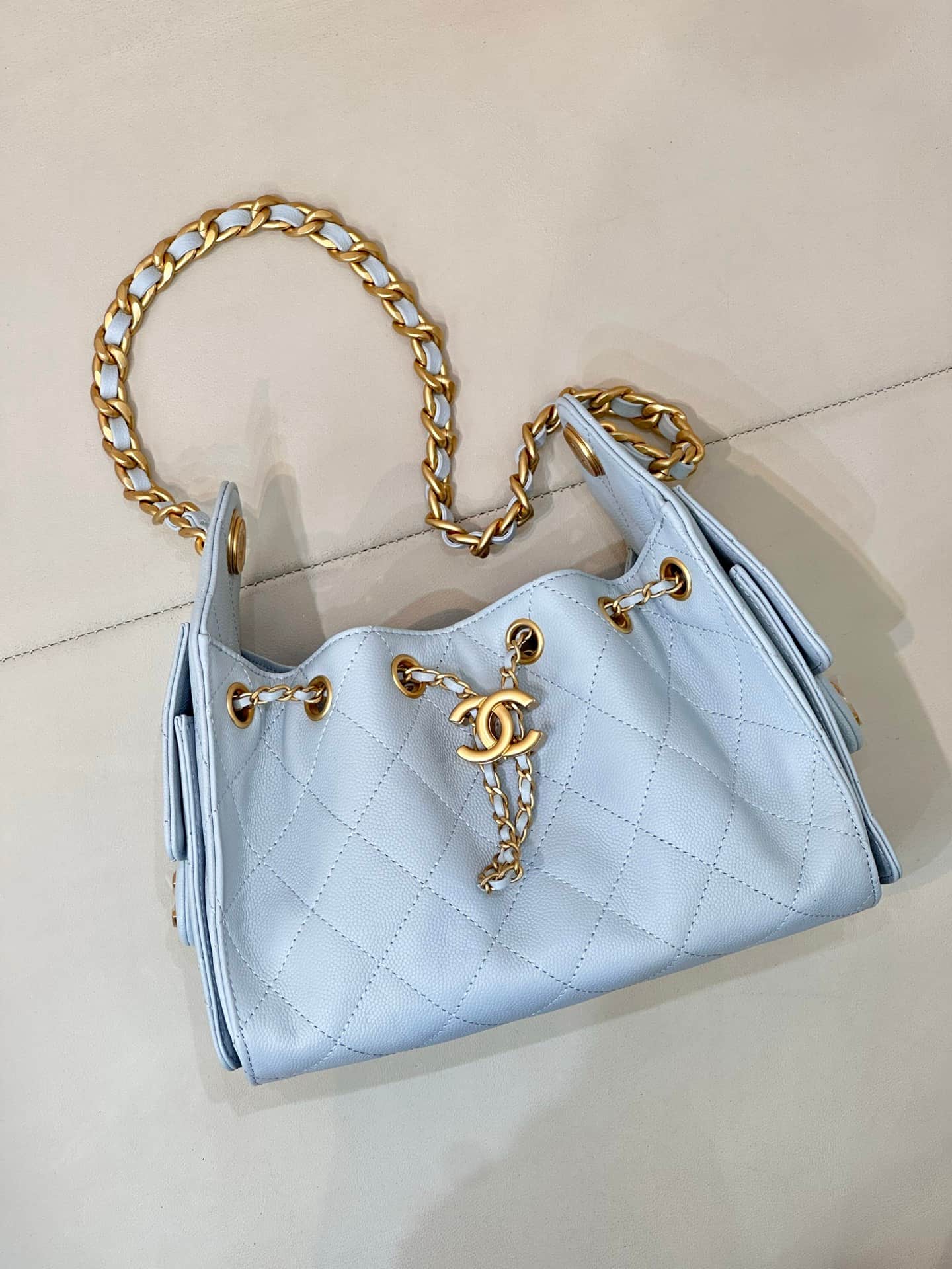 CHANEL 25 Mini Handbag AS5631 Grained Calfskin & Gold-tone Metal Light Blue TOP