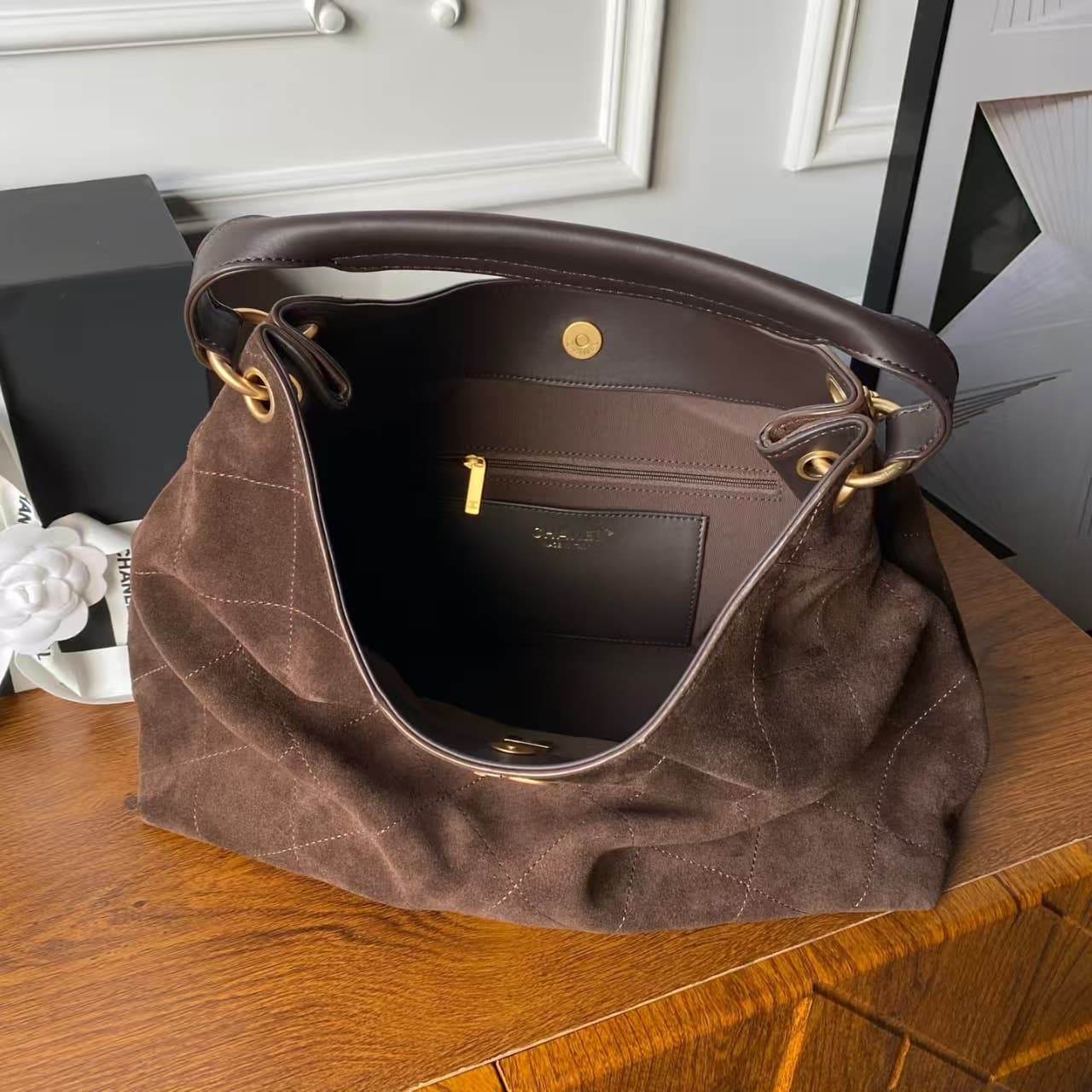 Chanel Hobo Bag Suede Calfskin& Gold-Tone Metal AS5978 Dark Brown A