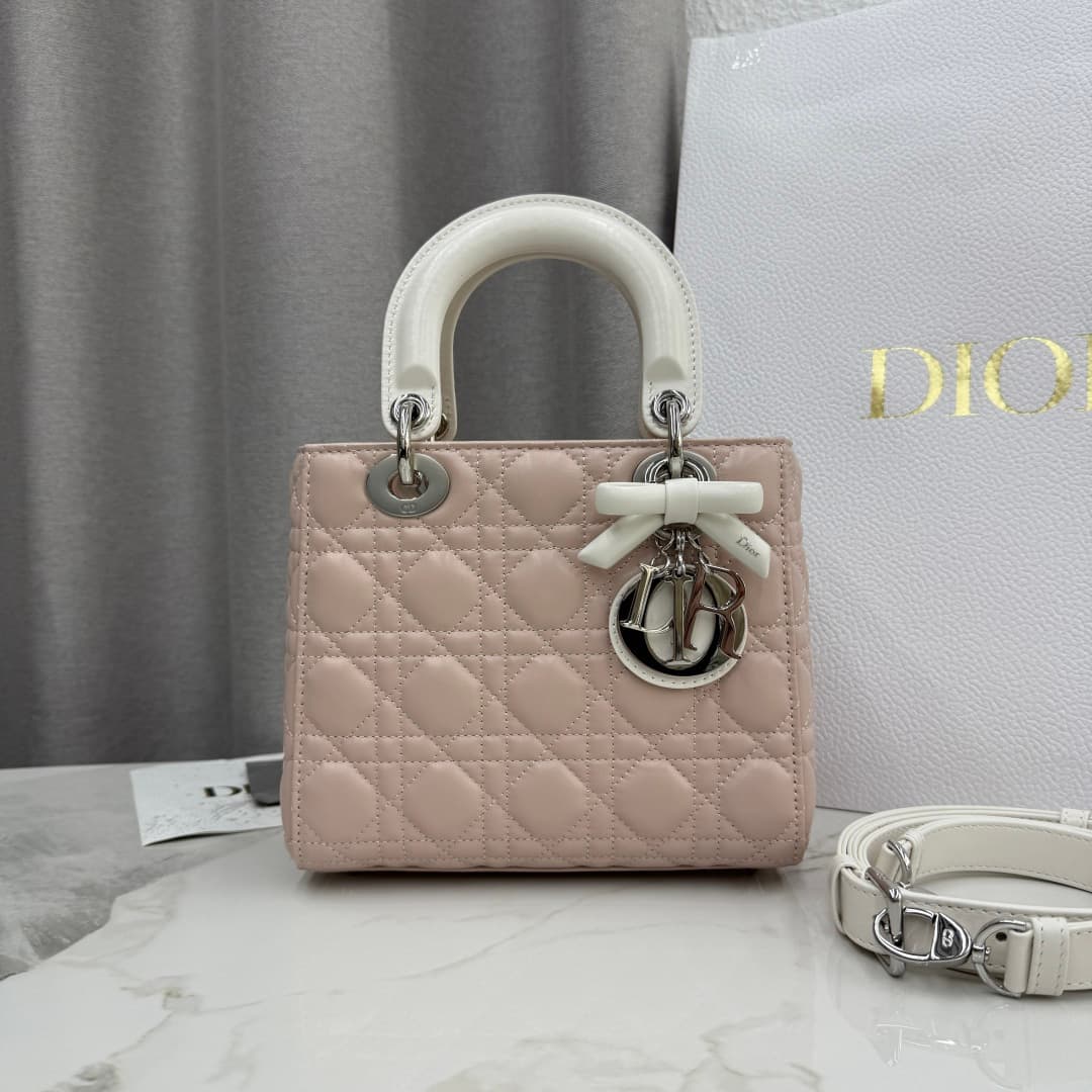 Dior Small Lady Dior Bag Lambskin Cannage In Rose Lingerie With Leather Bow High