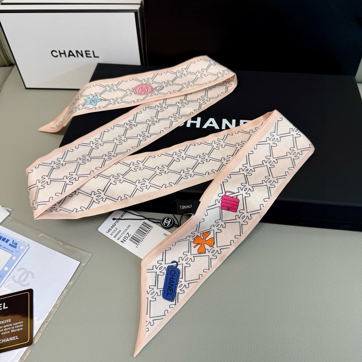 Chanel Pink Lucky Charm Silk Twilly Bandeau Scarf