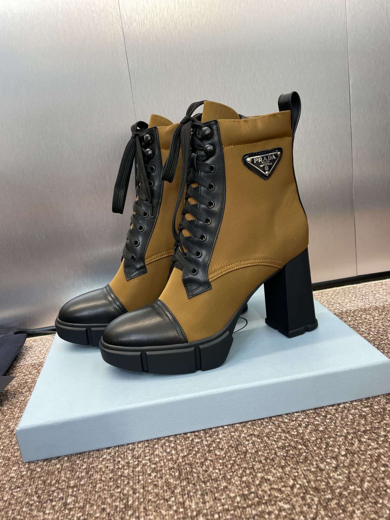Prada Enameled Metal Triangle Nylon Combat Boots Shoes High Women