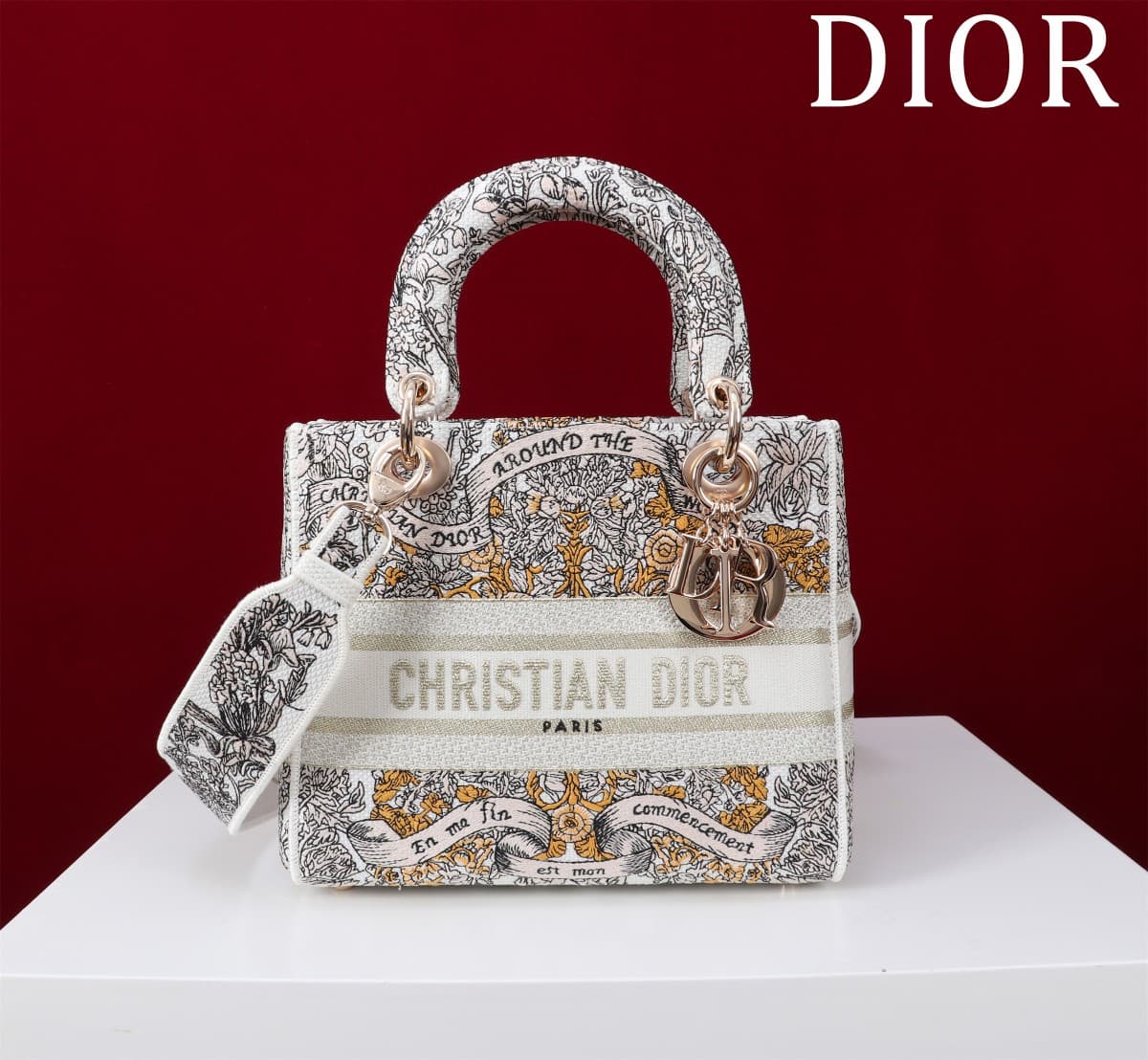 Medium Lady D-Lite Bag Latte Embroidery with Gold-Tone Dior Around the World Motif High