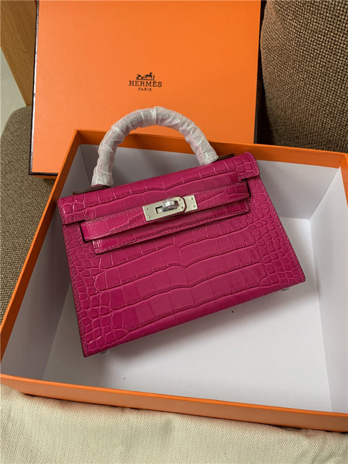 Hermes Kelly Mini II Bag Embossed Crocodile Leather WAX Silver/Gold Metal High Customizing style
