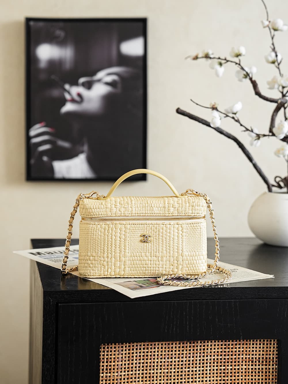 Chanel Classic Vanity with Chain Braided Raffia & Gold-Tone Metal Beige AP4385 A