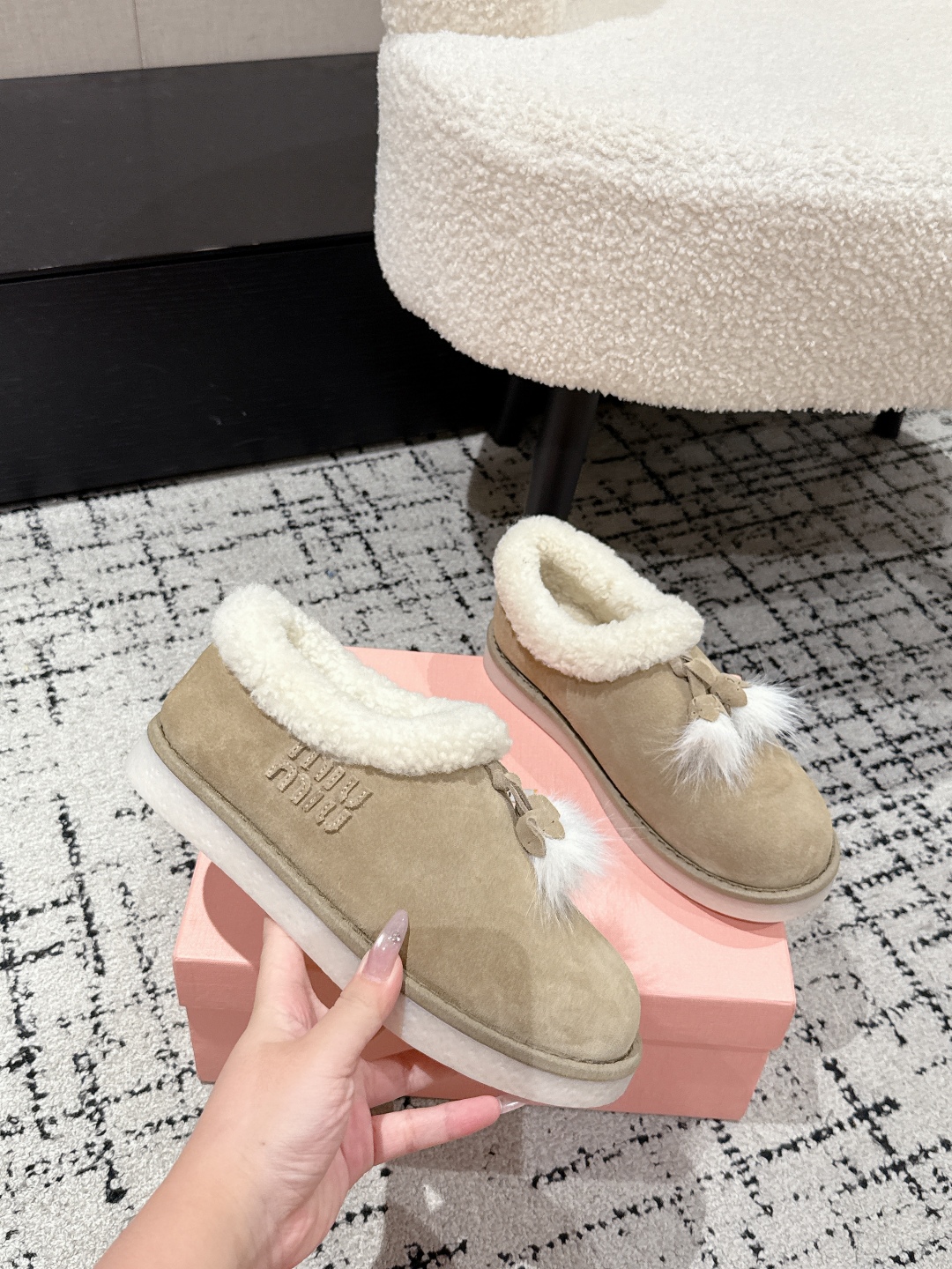 Miu Miu Suede Shearling-Lined Booties with Fur Tassels Women