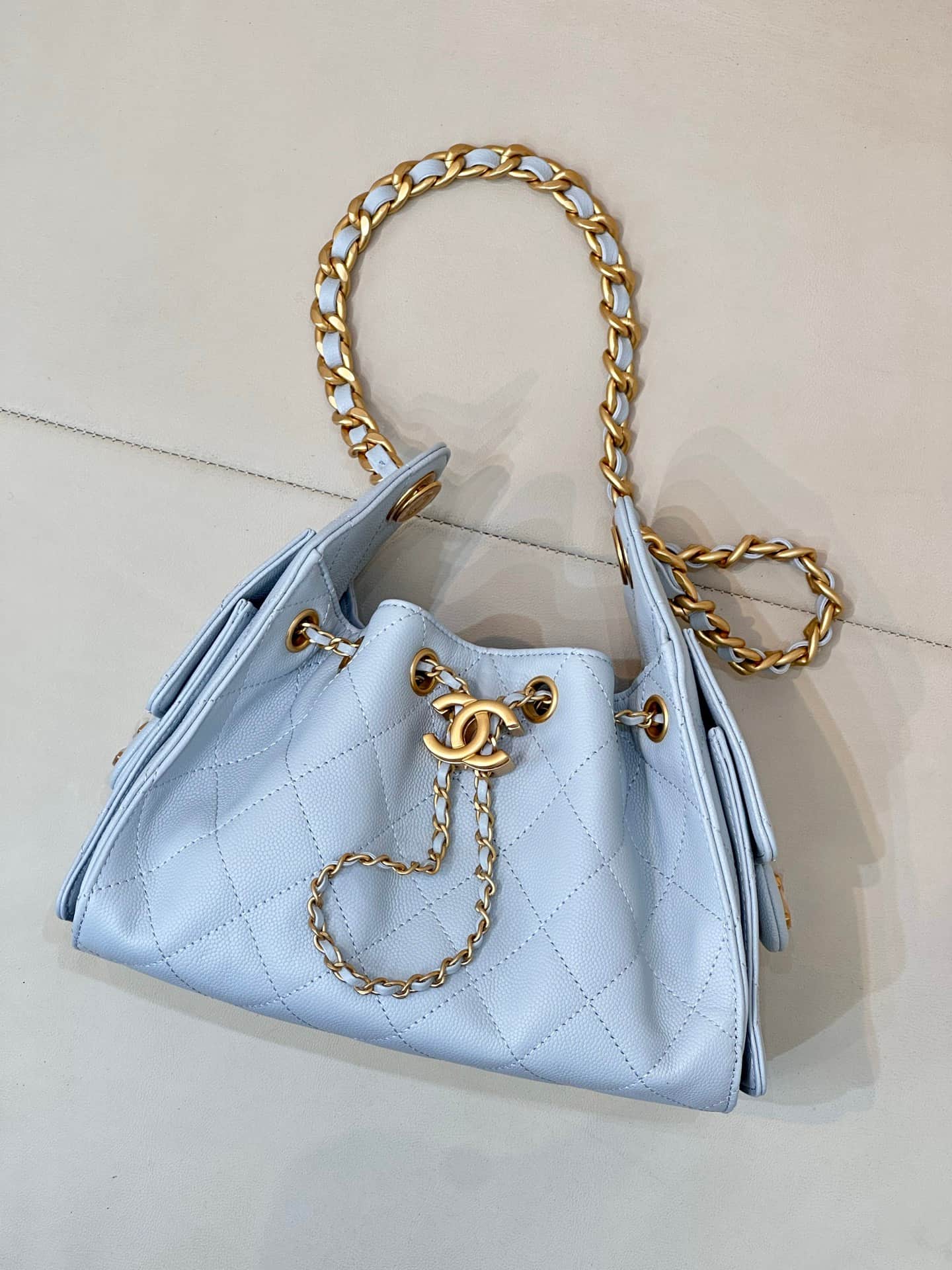 CHANEL 25 Mini Handbag AS5631 Grained Calfskin & Gold-tone Metal Light Blue TOP