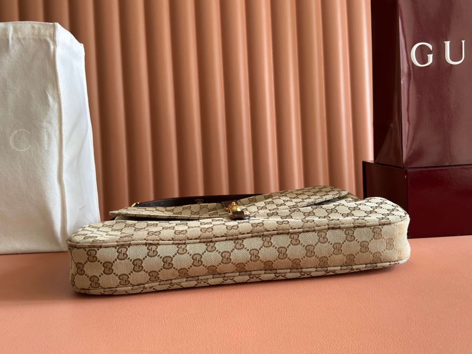 Gucci Jackie Flap large crossbody bag sand and brown GG canvas A005ZI High