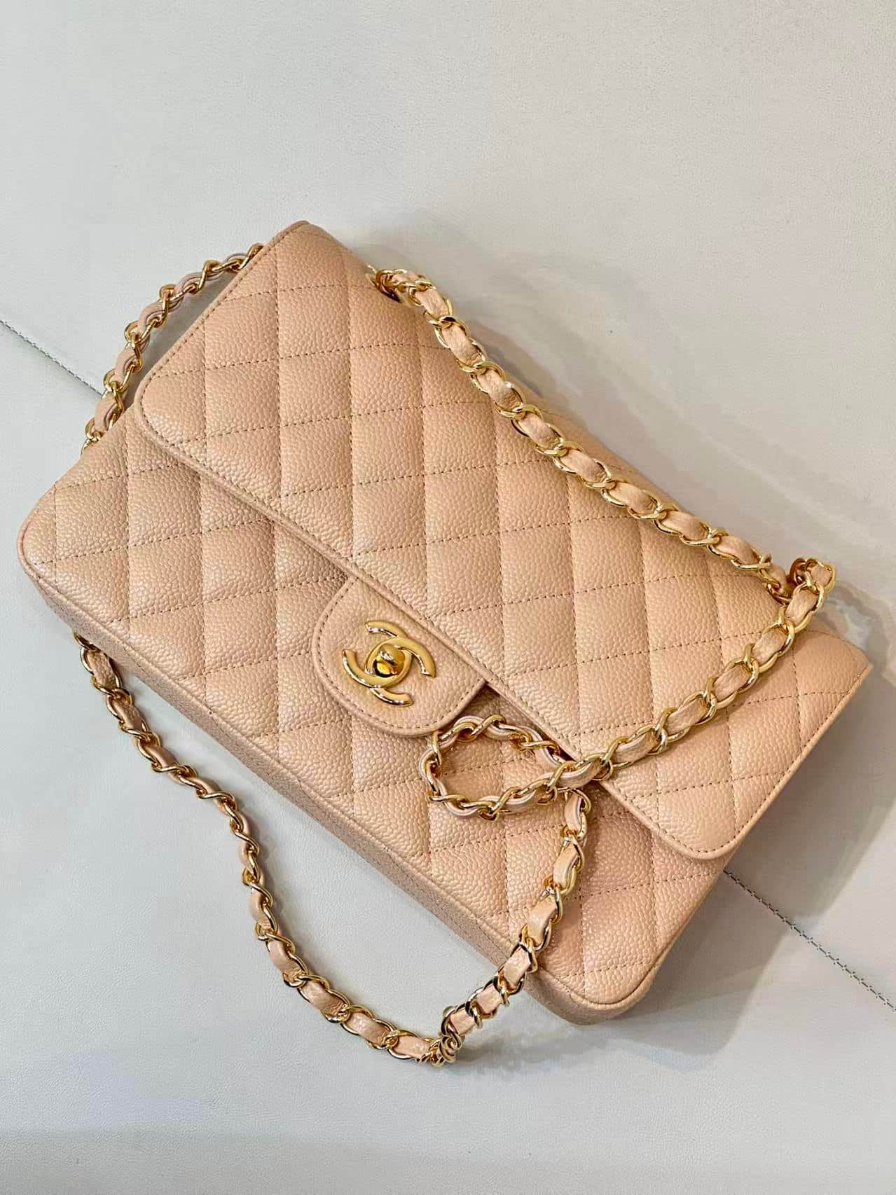 Chanel Medium CLASSIC HANDBAG Grained Calfskin & Gold-Tone Metal Beige TOP