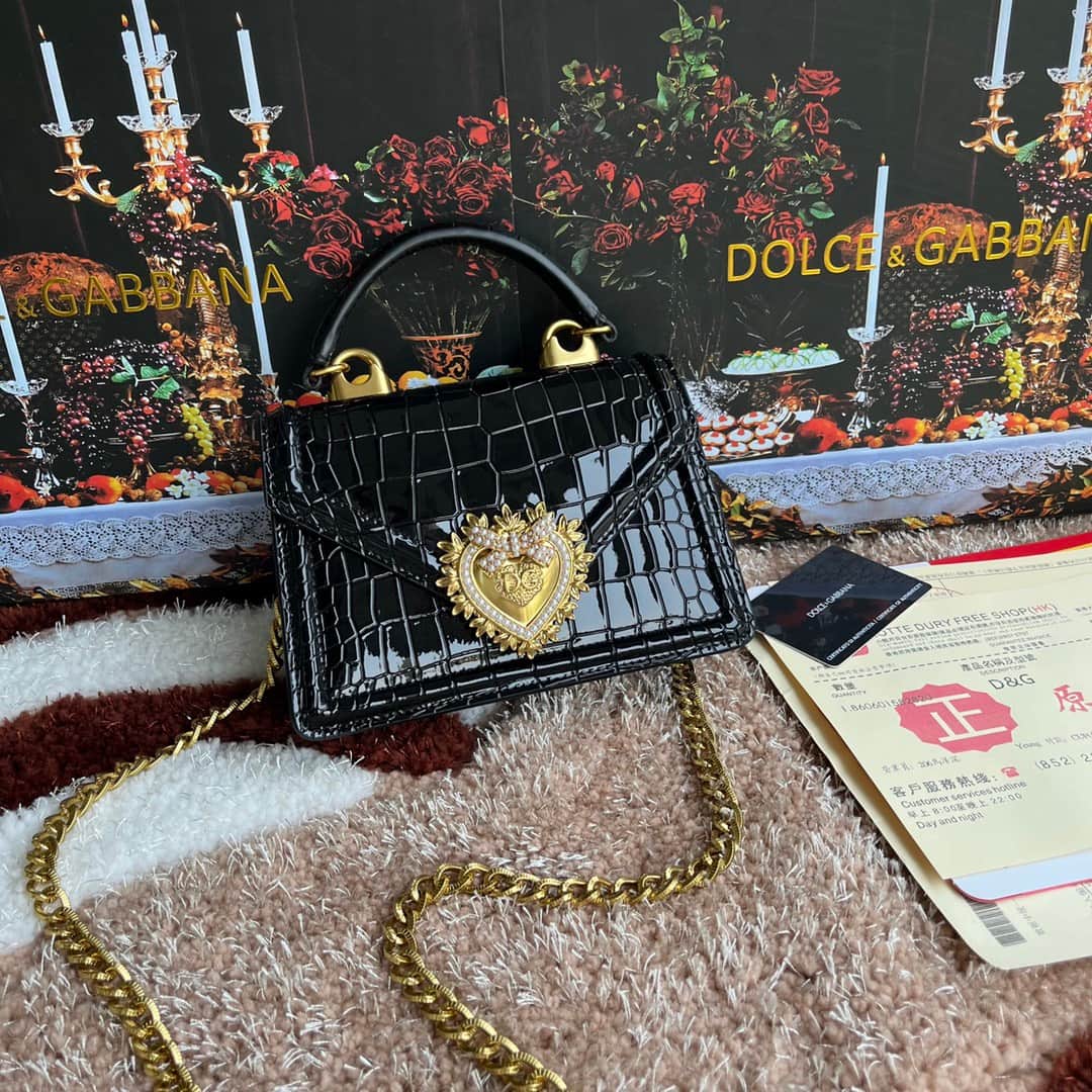 Dolce & Gabbana Small Devotion bag in crocodile-effect calfskin Black High