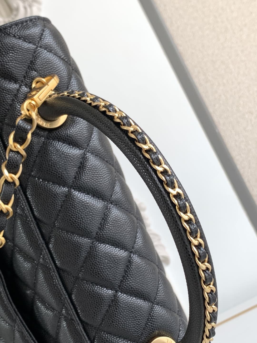 Medium FLAP BAG WITH TOP HANDLE Grained Calfskin A92991 Black-binding Gold Metal A