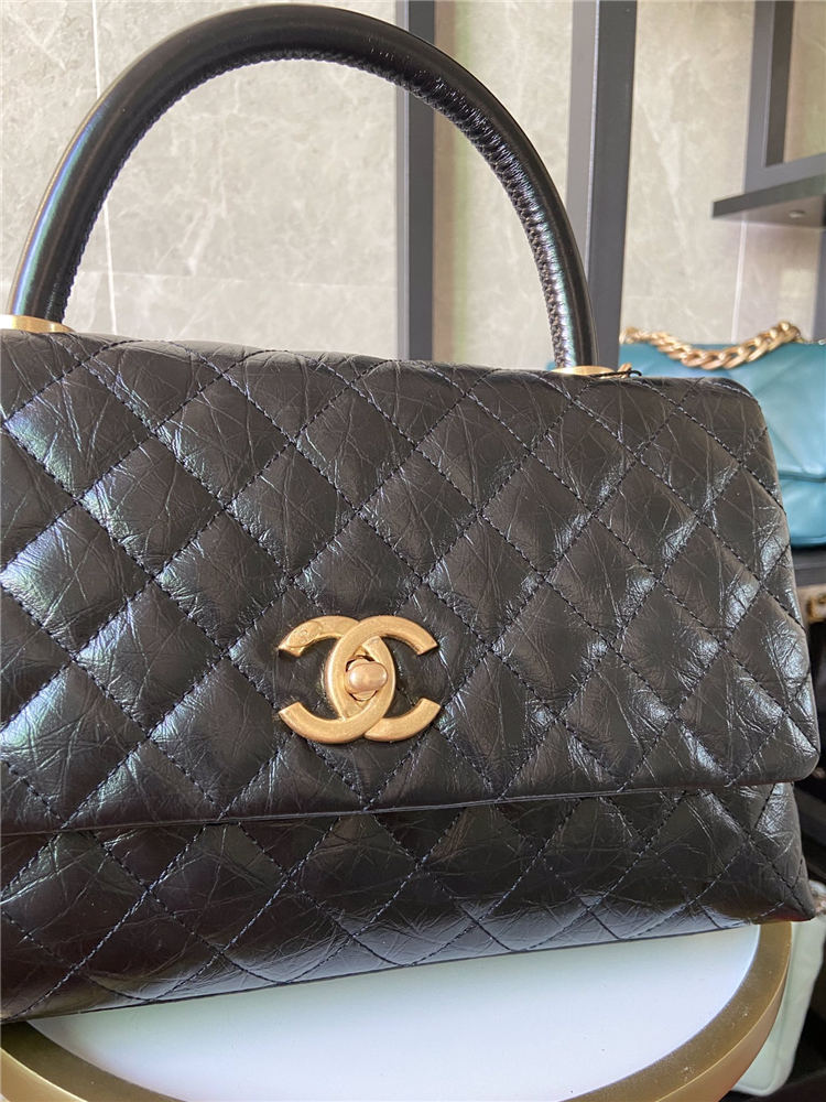 Medium FLAP BAG WITH TOP HANDLE Shiny Calfskin Black Gold Metal High