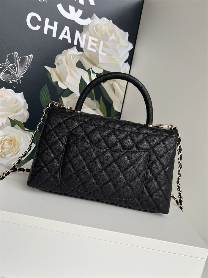 Medium FLAP BAG WITH TOP HANDLE Grained Calfskin Black-binding Gold Metal High