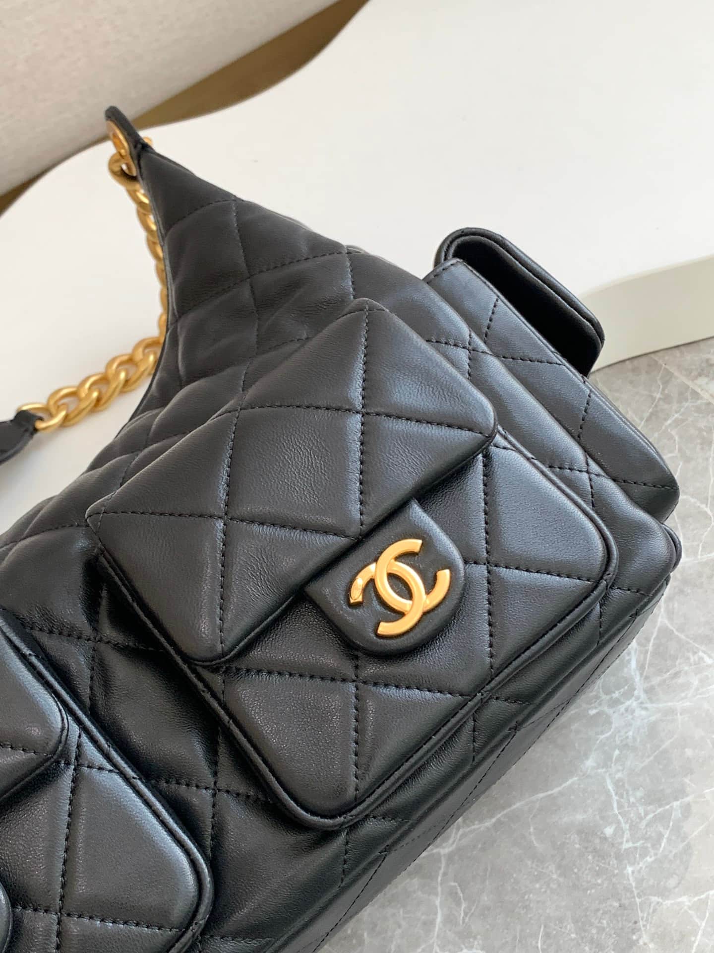 Chanel Trendy Pockets Hobo Bag Lambskin & Gold Metal Black AS5302 A