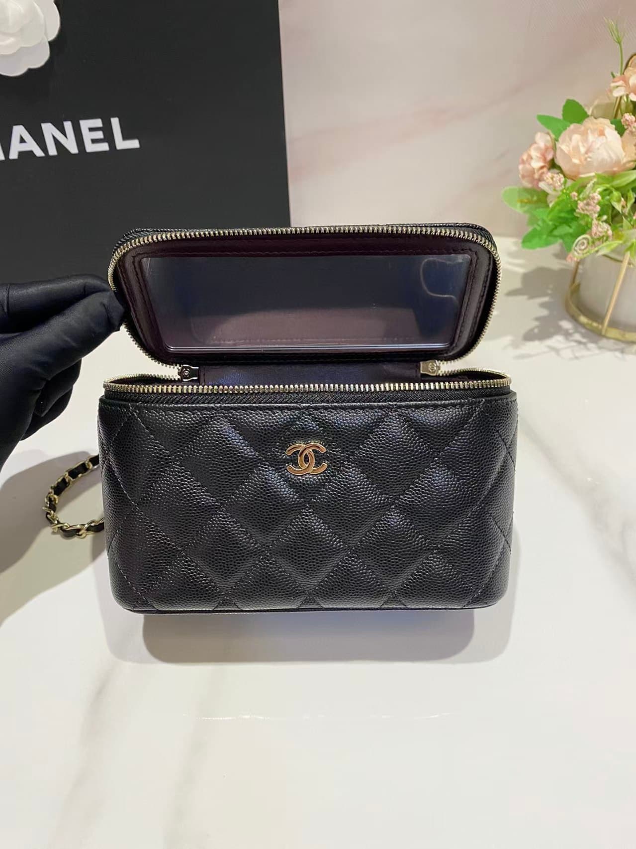 Chanel Vanity with Chain Grained Calfskin Gold Metal Black High