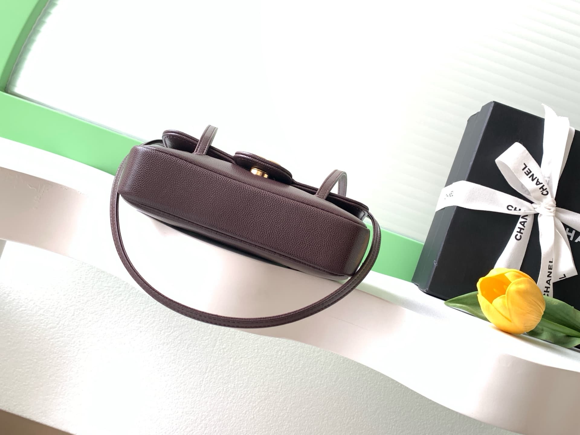 Chanel Clutch with Leather Strap Grained Shiny Calfskin & Gold-Tone Metal Dark brown AP5068 A