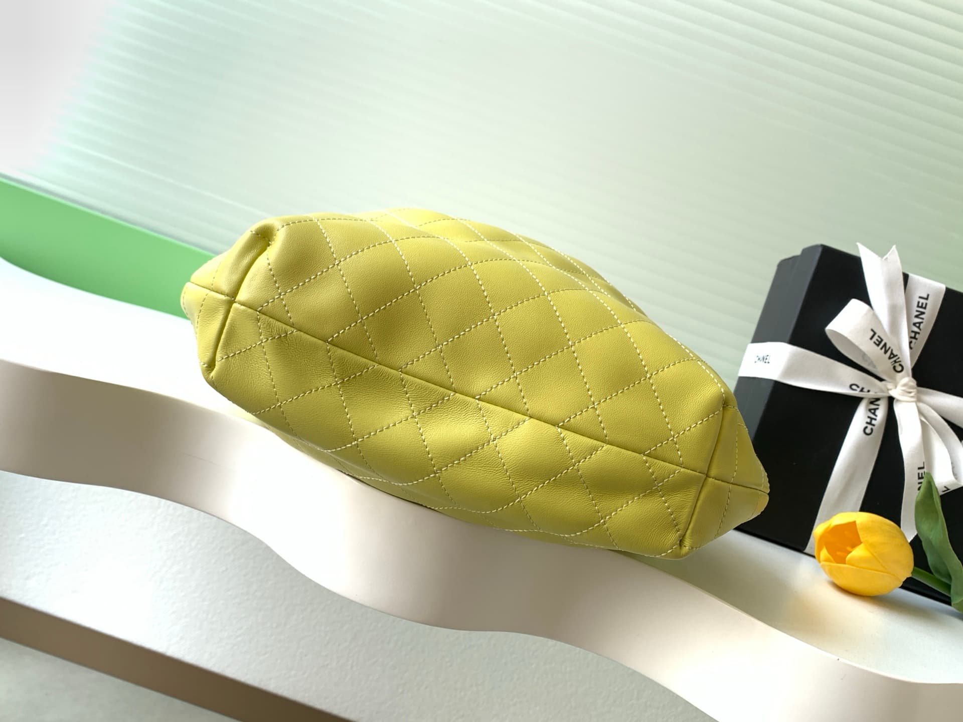 Chanel Medium Hobo Bag Lambskin-Shell Effect Plexi & Gold-Tone Metal Yellow AS6010 High