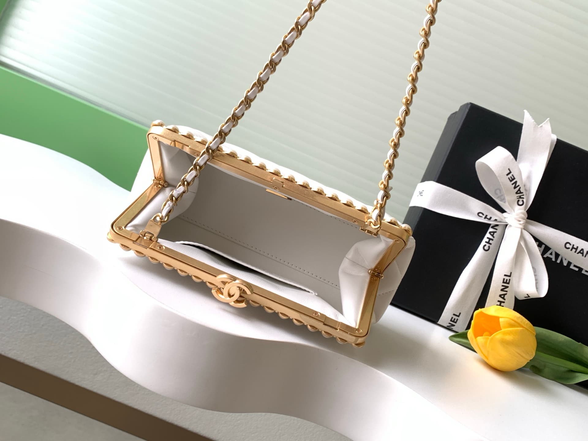 Chanel Pearly Lambskin Imitation Pearls & Gold-Tone Metal White AS5912 A