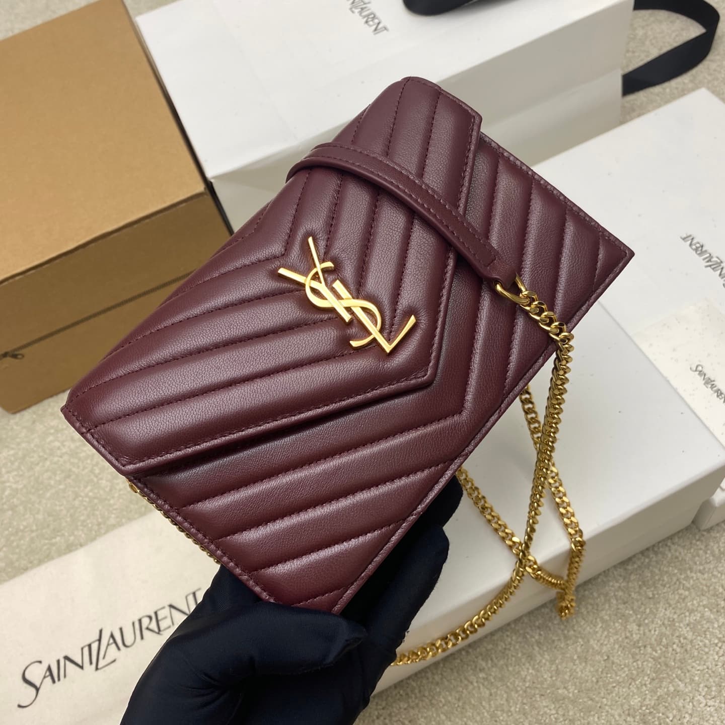 Saint Laurent Monogram Matelassé Cassandre Wallet on Chain Burgundy Lambskin 393953 High