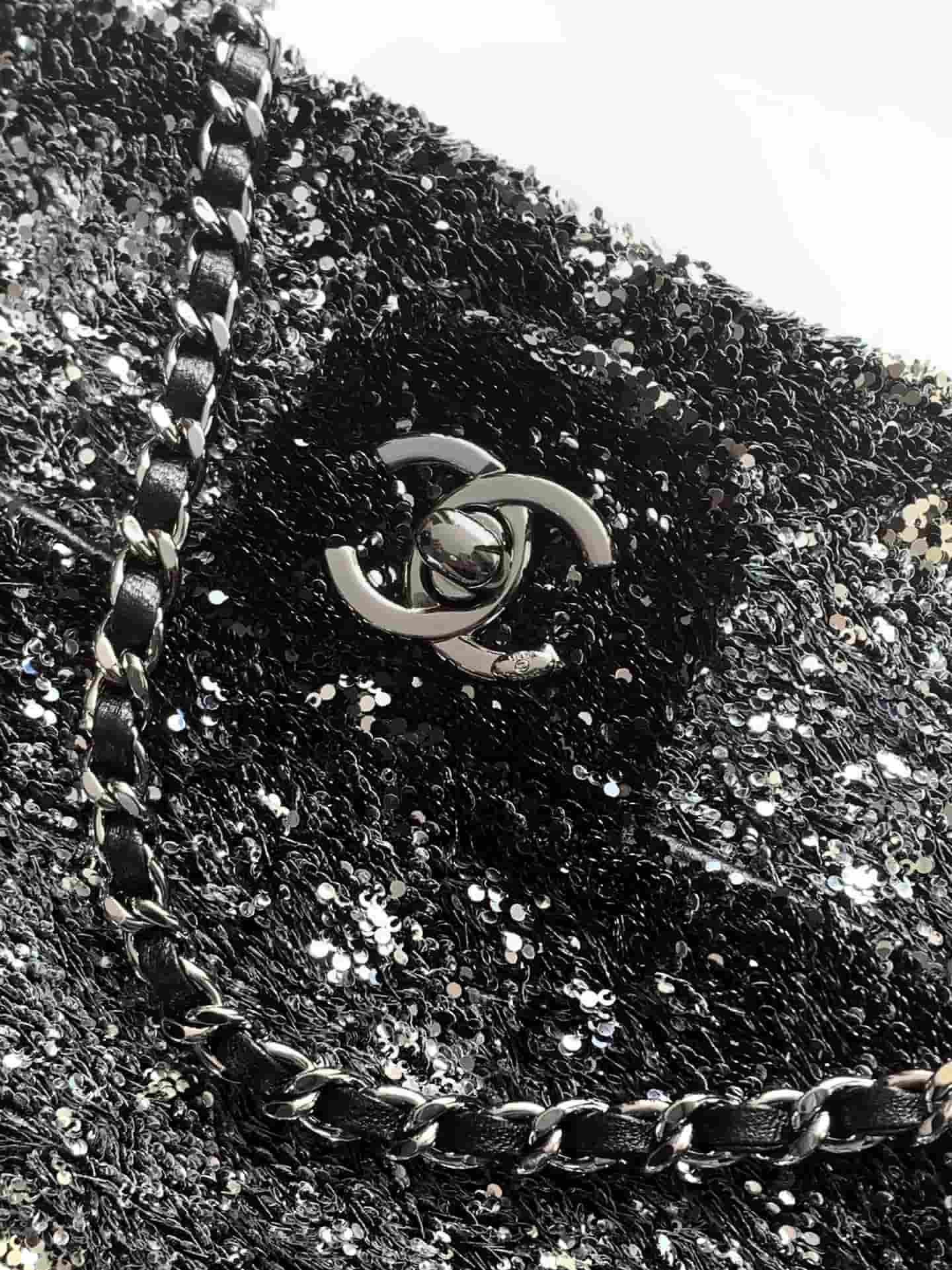 Chanel Classic Mini Flap Bag Sequin Embroidery & Silver-Tone Metal Black 6171 A