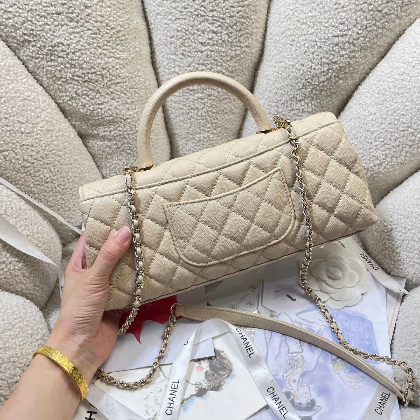 Chanel Maxi Flap Bag with Top Handle Grained Calfskin& Gold-Tone Metal AS6091 Beige A