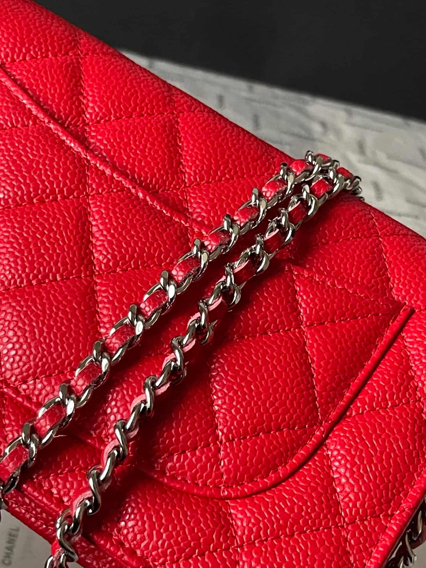Chanel Classic Wallet on Chain Grained Shiny Calfskin & Silver-Tone Metal AP4241 Red A