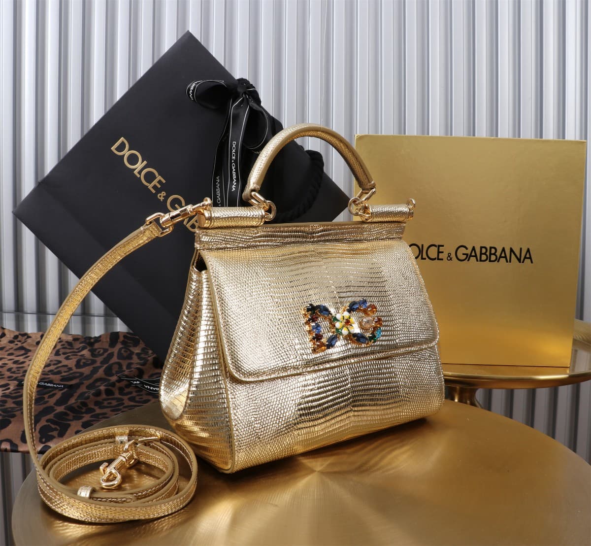 Sicily Handbag 20cm in Iguana Print Calfskin and Crystal DG Logo Patch High