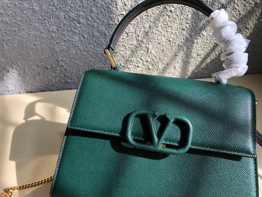 Valentino Small Vsling Handbag In Dark Green Grainy Calfskin High