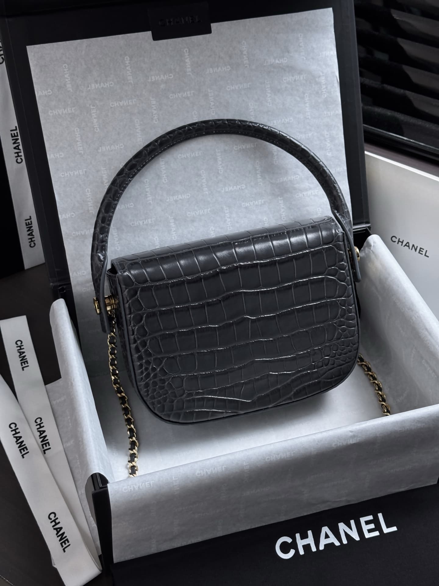 Chanel Mini Flap Bag with Top Handle Crocodile Embossed Calfskin & Gold-Tone Metal AS6424 A