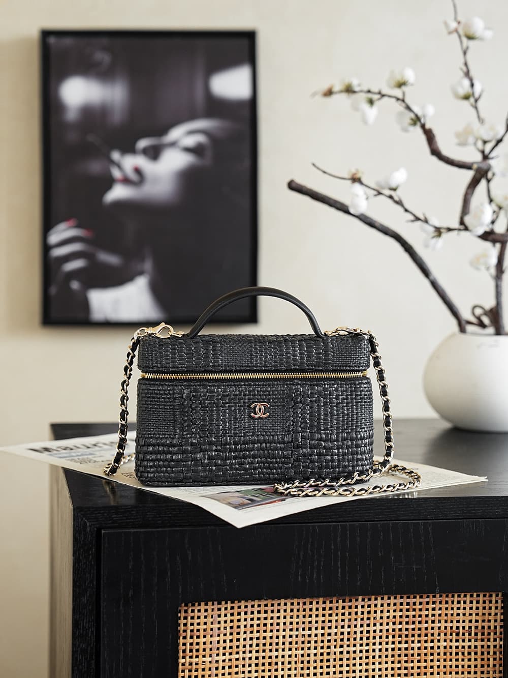 Chanel Classic Vanity with Chain Braided Raffia & Gold-Tone Metal Black AP4385 A