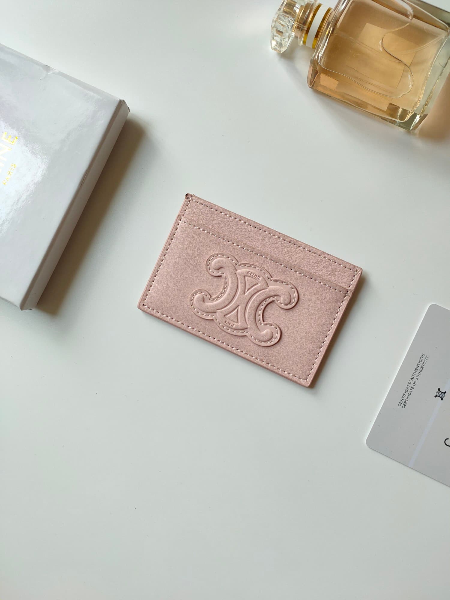 Celine Triomphe card holder in pink shiny calfskin leather 10B703 High
