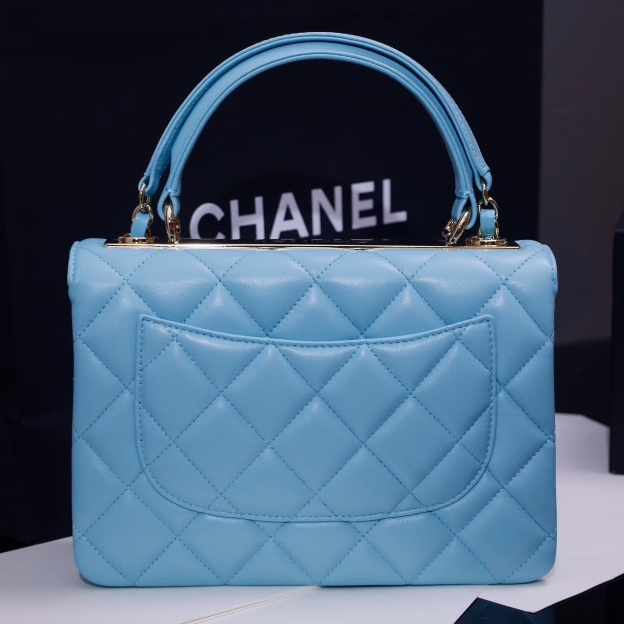 SMALL FLAP BAG WITH TOP HANDLE Lambskin Gold Metal Sky Blue A