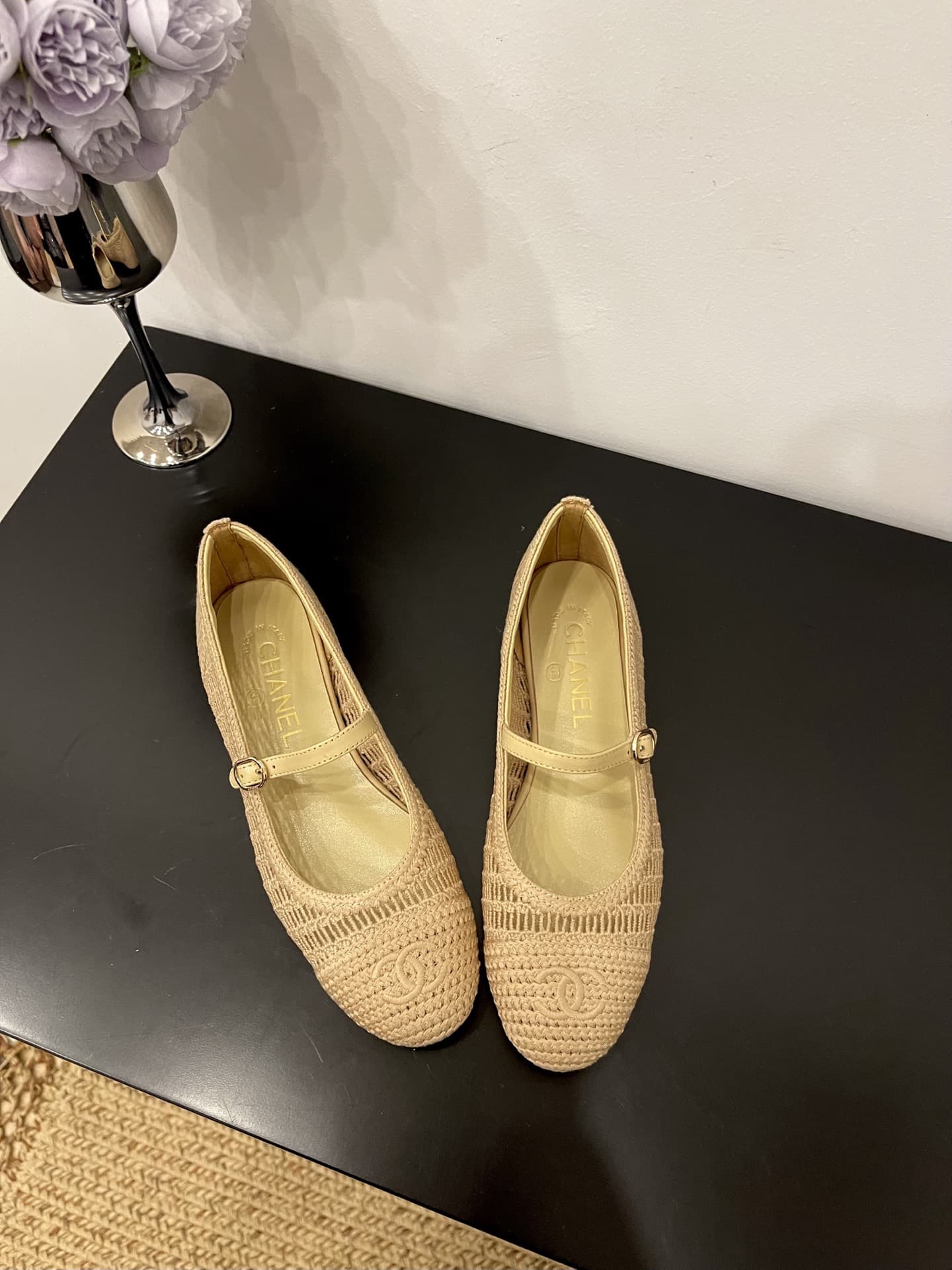 Chanel Raffia Ballet Flats Shoes Low Women