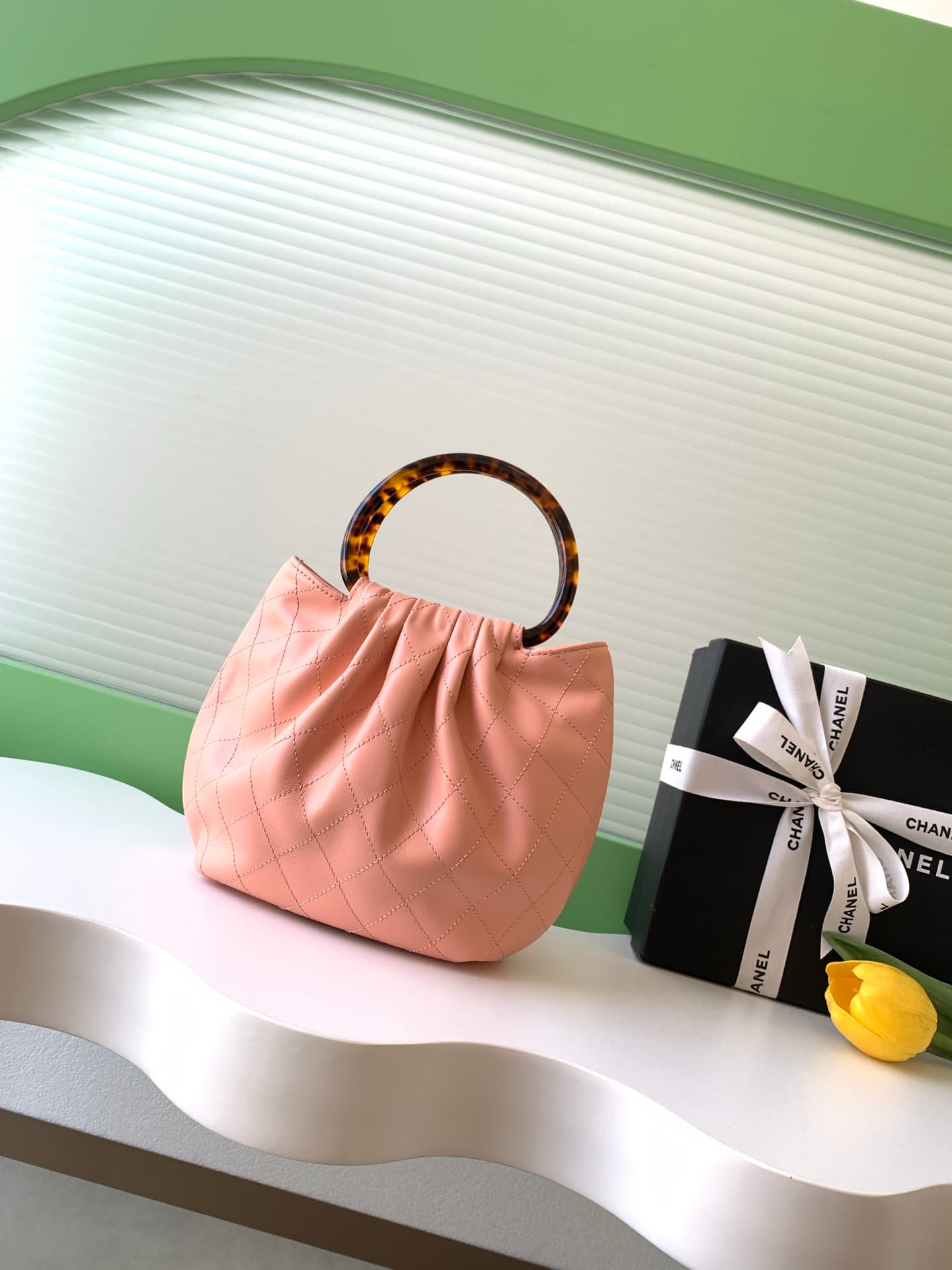 Chanel Small Hobo Bag Lambskin-Shell Effect Plexi & Gold-Tone Metal Pink AS6022 High