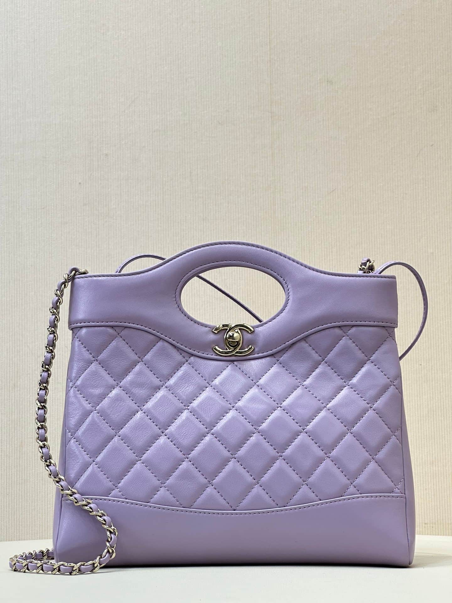 CHANEL 31 Mini Shopping Bag Shiny Calfskin & Gold-Tone Metal AS4133 Purple TOP