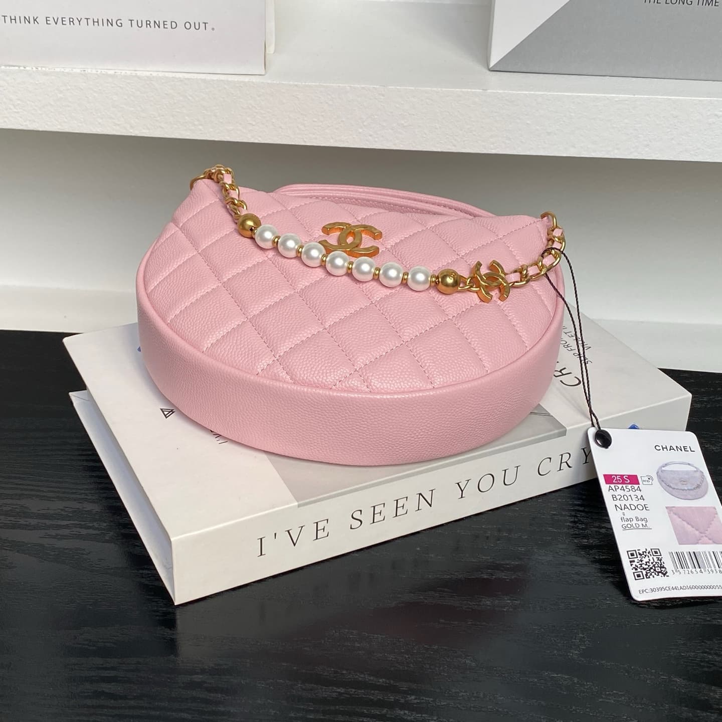 Chanel mini round hobo pouch bag AP4584 Grained Calfskin & gold-tone metal pink high